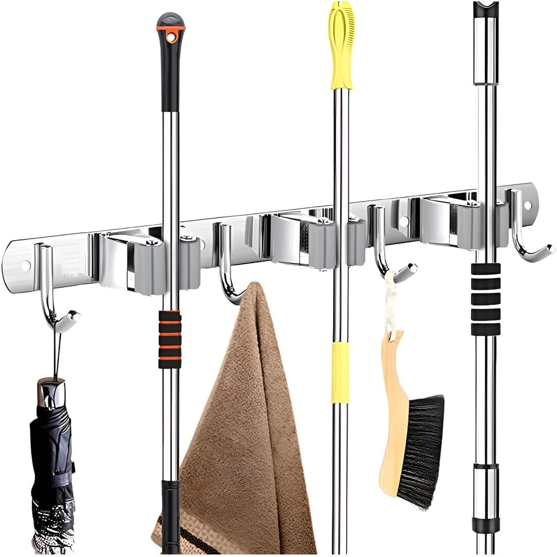 Suporte Organizador Porta Vassoura e Rodo Inox 7 Ganchos