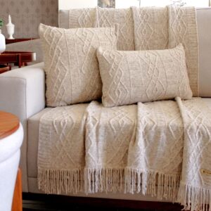 KIT MANTA SOFA TRICO CARMEN 150X90cm + 2 CAPAS DE ALMOFADA 45x45cm Cor:linho papiro