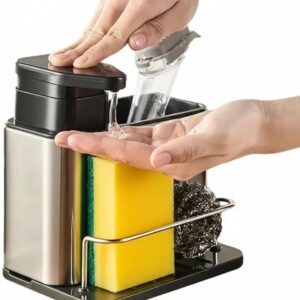 Porta Detergente 3 em 1 com Dispenser, Suporte para Esponja e Compartimento para Talheres, Organizador de Pia