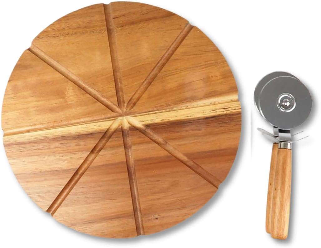 Kit Tábua de Corte para Pizza com Divisórias 24x24cm + Cortador em Inox